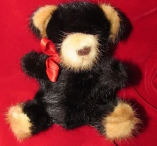 VINTAGE BLACK TEDDY BEAR REAL FUR SOFT MINK ARTIST RARE BEARS TAG RED RIBBON 6"