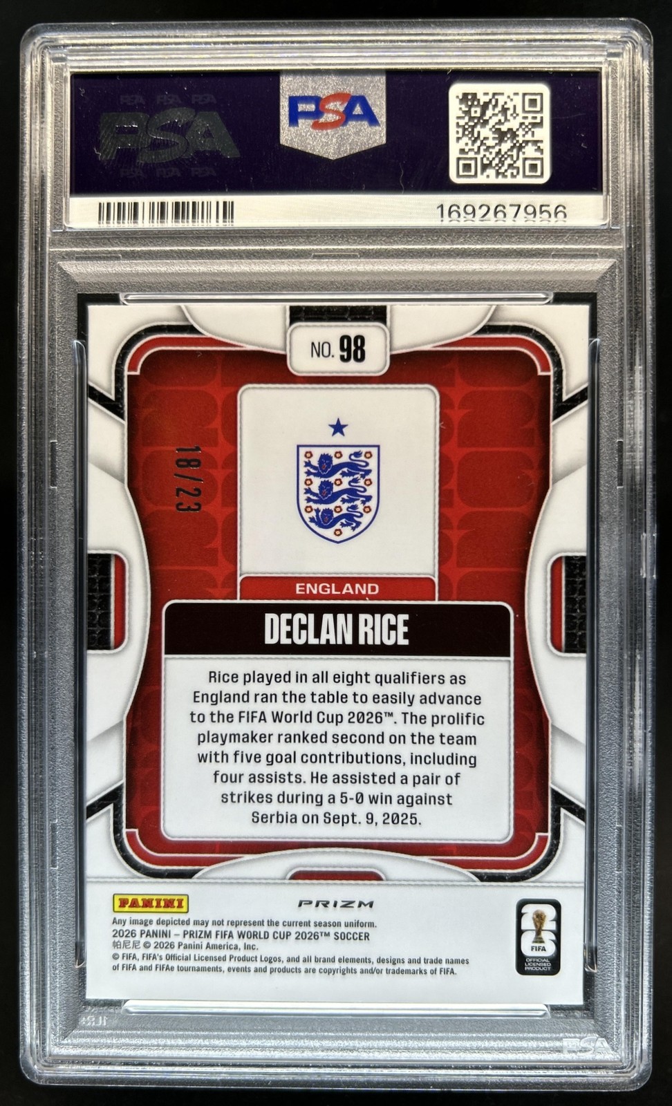 2026 Panini Prizm World Cup Declan Rice Cracked Ice #/23 England PSA 10 GEM MINT view 2