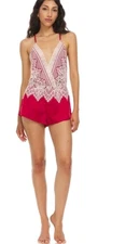 Flora Nikrooz Collection Romper Womens Size Large Red Ivory Genevieve Lace Satin