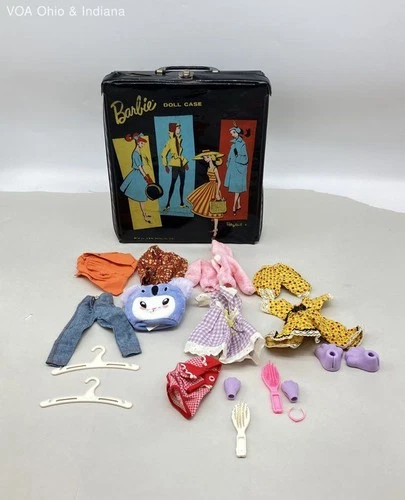 Vintage Barbie Doll Case Black Vinyl With Mixed Clothing Accessories Lot