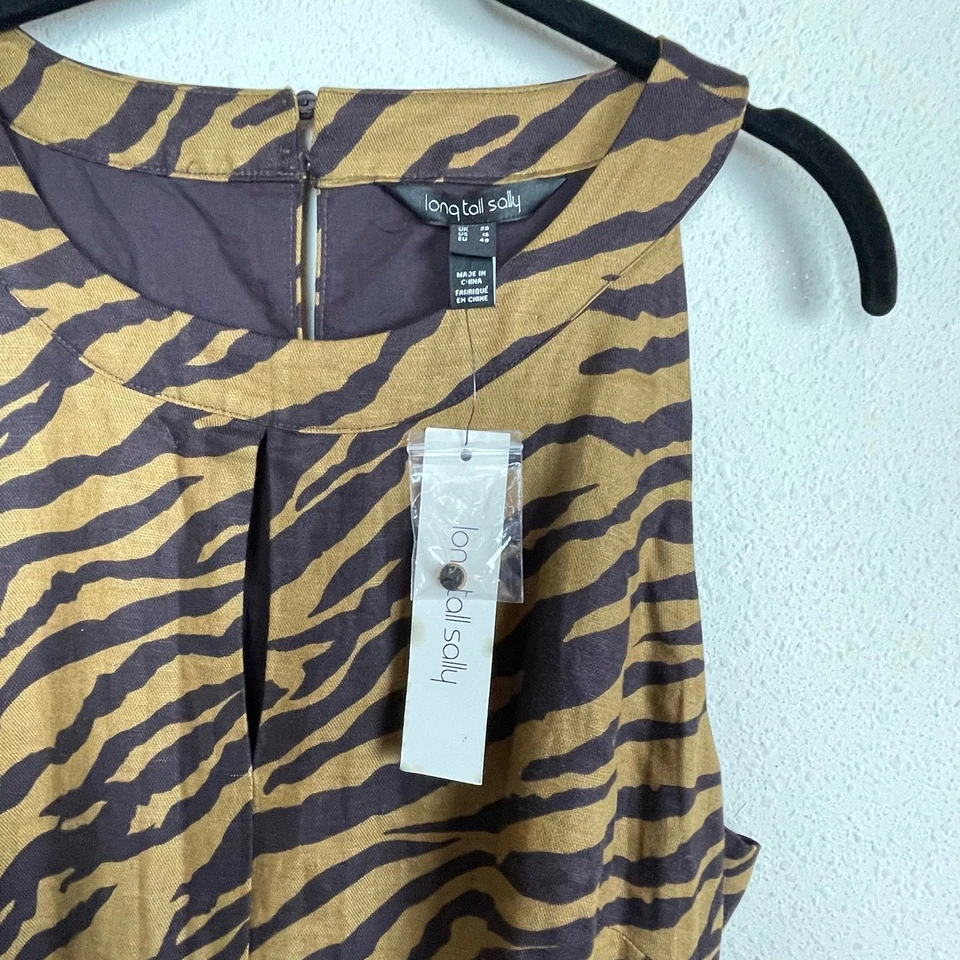 全新带标签长款 Sally 连衣裙 16 码亚麻混纺棕色动物印花高领长裙 — 第 2/4 张图片