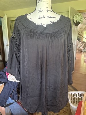 Jennifer Lopez Black Off-the-Shoulder Flared Sleeve Blouse 1X Boho Hippy Chic