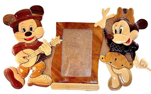 Vintage Mickey & Minnie Mouse Intarsia Easel Wood Mosaic Picture Frame 17" C649