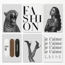 6pcs Leopard Print Canvas Wall Art, Black White Cheetah Painting, Trendy Leop...