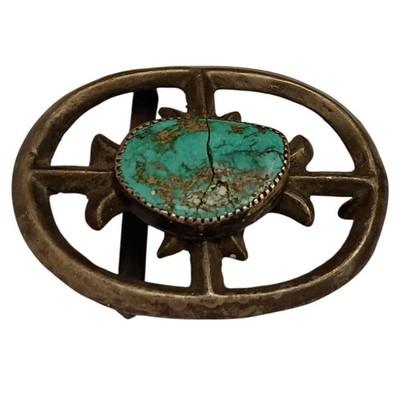  Accomplished 1970s Navajo Cerrillos Turquoise Fleur de Lis sandcast BeltBuckle 