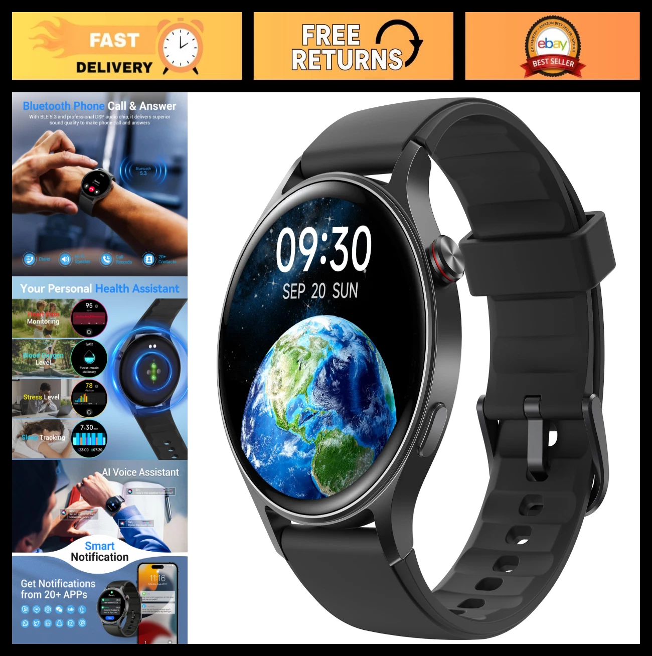 AMOLED Touchscreen Smartwatch for Men & Women, Fitness Tracker, Heart Rate Monit