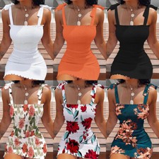 Women Floral Mini Dress Strappy Sexy Slim Bodycon Holiday Beach Party Sundress