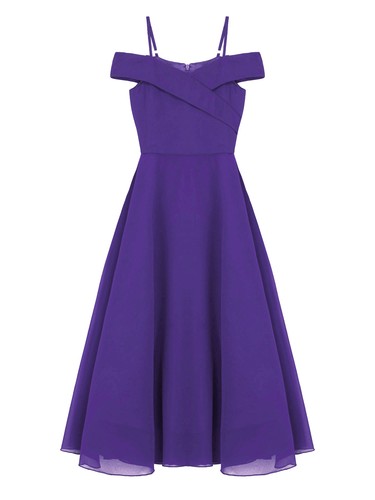 Kids Girls Gown Graduation Dress Prom Chiffon A-Line Outfit Cold Shoulder Event - Picture 52 of 74