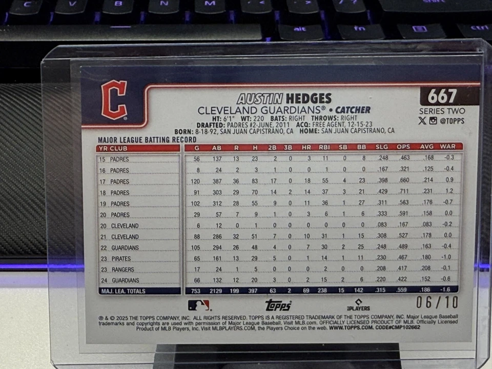 2025 Topps Series 2 Austin Hedges #667 Black Parallel /10 - Image 2 of 2