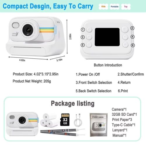 Kids Camera Instant Print 1080P HD for Kids with 3 Rolls 32GB toy Gift - Picture 2 of 12