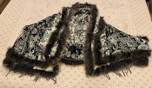 Adrienne Landau Gold & Black Shawl Wrap Scarf w/ 100% Real Fox Fur - Picture 2 of 9