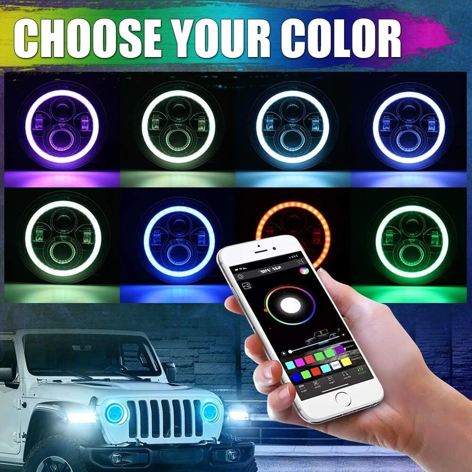 7" RGB Halo LED Headlights +4" Fog Lights Combo Kit For Jeep Wrangler JK 2007-17 - Изображение 2 из 4