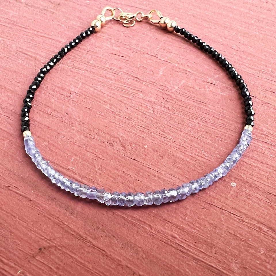 Brazalete Tanzanita Espinela Negra Natural Oro Sólido 14K, 7.15" - 7.5", Diciembre  Foto 2 de 4