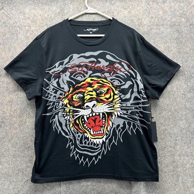 Ed Hardy Shirt Men Extra Large Adult Black Tiger Print Tee Crewneck Cotton  NWT