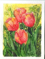Aceo Red Pink Tulips Spring Floral Garden Botanical Original Watercolor Painting