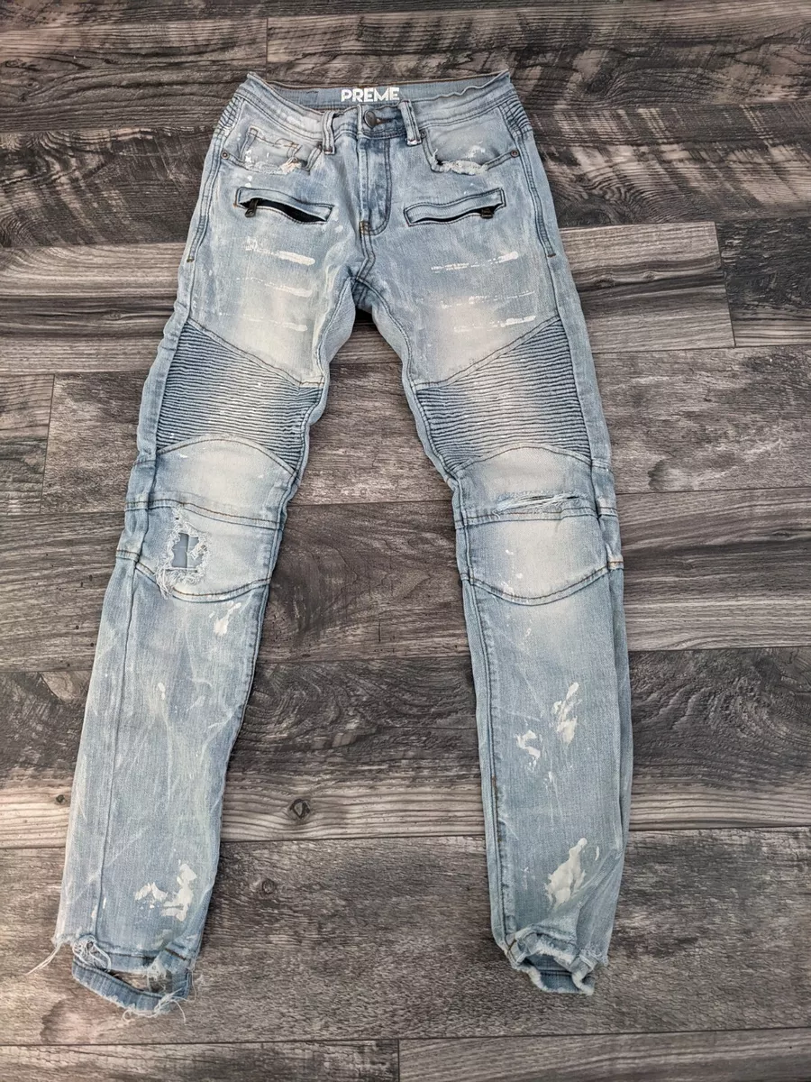 Preme Denim Distressed Ripped Jeans Light Wash Stacked Skater Moto Mens 29x30