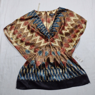 Allen B Schwartz Blouse Womens Small Aztec Print Top V Neck Boho Shiny Brown 