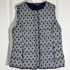 Talbots Puffer Down Vest Navy /w Cream Geometric diamond HTF EUC Women MED 129