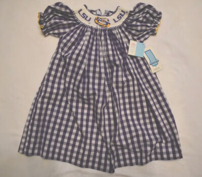 Vive La Fête LSU Tigers Smocked Bishop Dress Girls Toddler Size 4T NWT
