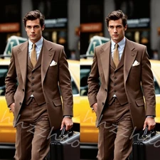 Brown Retro 3 Pieces Men's Suits Peak Lapel Formal Wear Wedding Groom Tuxedos