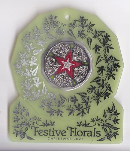 AUSTRALIAN: 2023 50 CENT CHRISTMAS FESTIVE FLORALS COLOURED UNC COIN   #PL2140