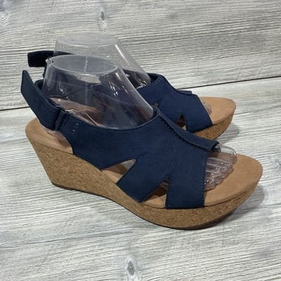 Clarks Navy Nubuck Marine Annadel Bari Wedge Sandals Womens Size 10 M NEW