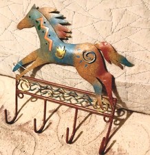 Vtg Horse Key Hooks Hanger Metal Art Rustic Southwestern Riding Farm Country
