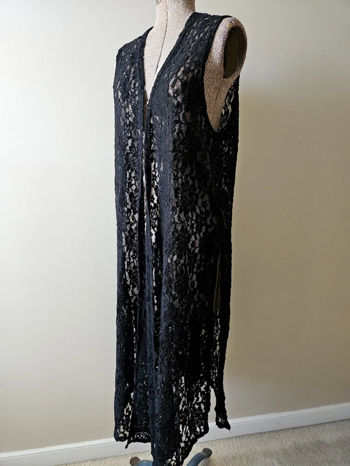 LuLaroe Black Lace Joy Open Front Duster Vest Cardigan Boho Medium - Image 3 of 4
