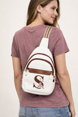 CLOUD WINGS White Monogram S Sling Backpack With Floral Detail Adjustable Strap