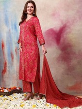 Indian Women Red PREMIUM Cotton Ethnic Motifs Print Kurta with Trouser  Dupatta