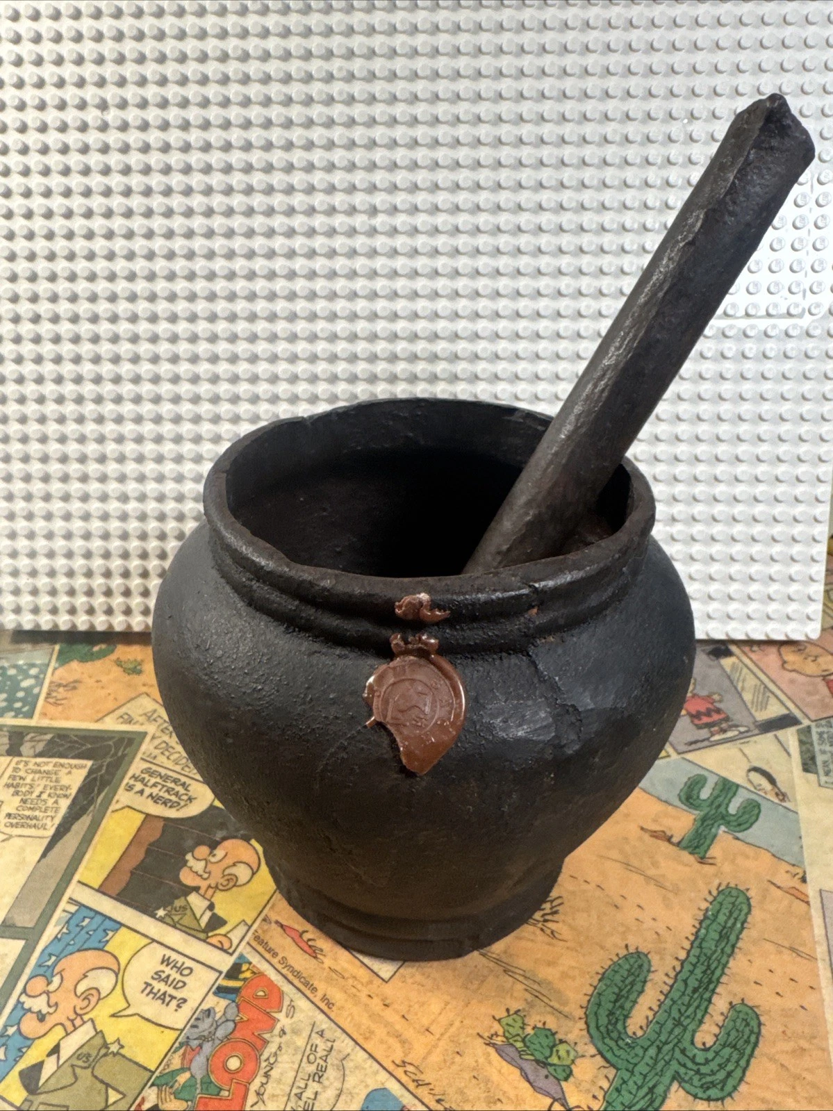 Antique Cast Iron Mortar and Pestle - SACH Tan Wax Seal