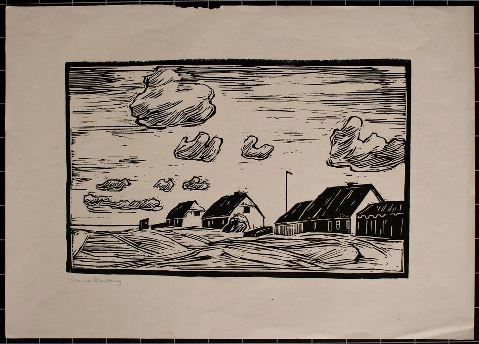 Sanna Schubring Dorfansicht Küste Expressionismus sign Holzschnitt Anfang 20 Jh - Bild 3 von 3