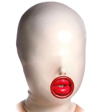 UK White Latex Hood Mouth ring Closed Eyes Rubber Mask Back Zipper Fetish BDSM