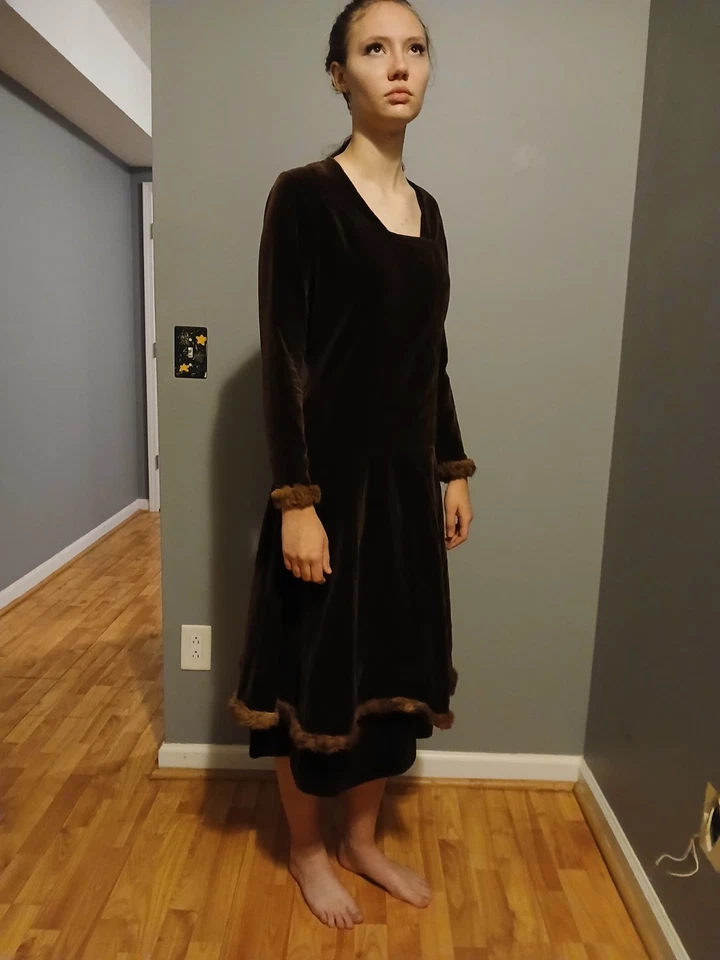 Over 100 Years Old Brown Cotton Velveteen With Fur Trim Tunic Dress Over Skirt - Image 4 of 4