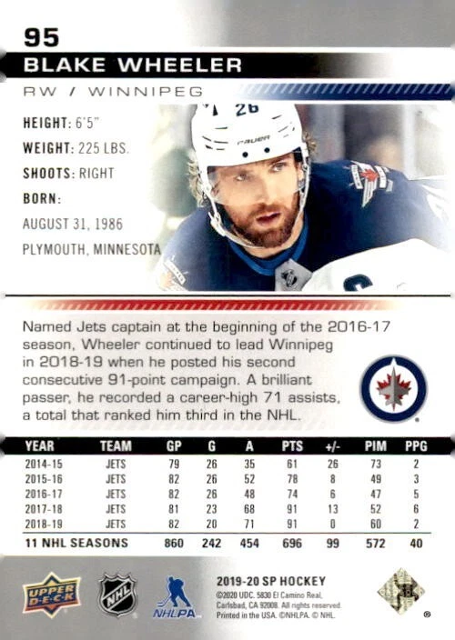 2019-2020 Upper Deck SP Hockey #95 Blake Wheeler Winnipeg Jets - Image 2 of 2