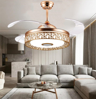 42''Gold Bird Nest LED Chandelier Drum Shape Invisible Ceiling Fan Light w/Remote