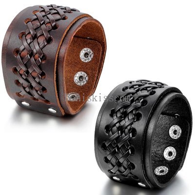 Men's Punk Braided Wide Leather Tribal Cuff Bangle Bracelet Adjustable Wristband