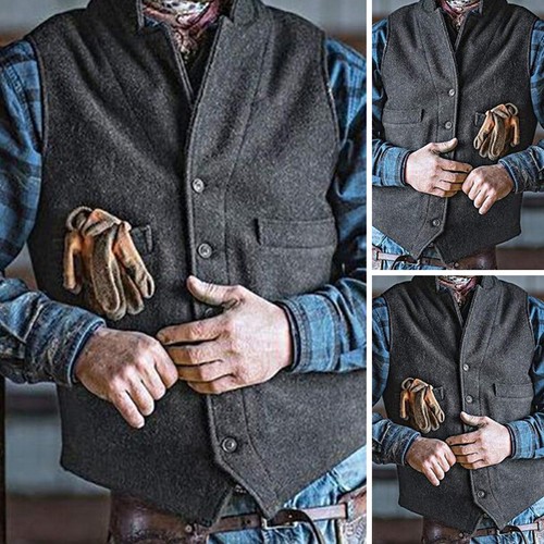 Retro Mens Business Formal Dress Wool Blend Vest Slim Fit Casual Short Waistcoat - Picture 1 of 8