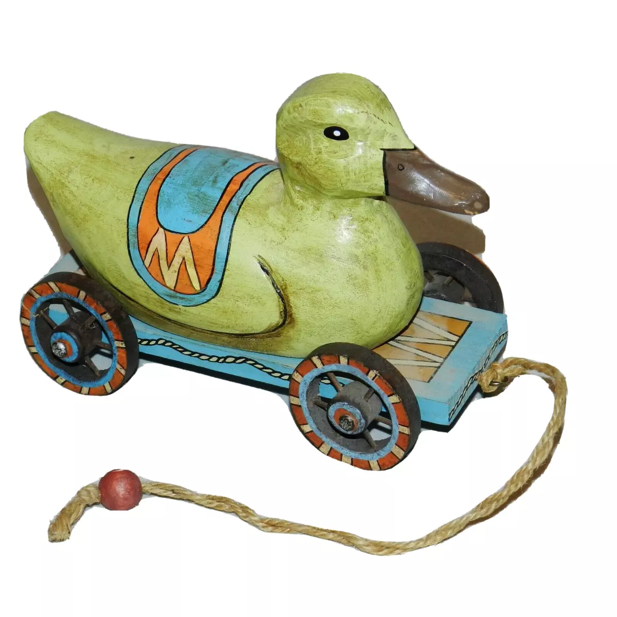 Vintage 1990s Primitive Duck Pull Toy on Wheels Wooden Rare eBay