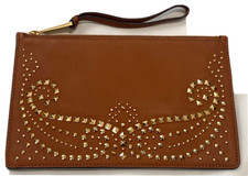 NWT, MICHAEL KORS RHEA LUGGAGE BROWN LAMB LEATHER, STUDDED WRISTLET, CLUTCH