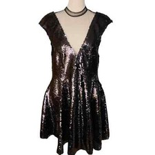 Free People Womens Black Combo Dance Til Dawn Sequin Dress V Neck Cap Sleeve M