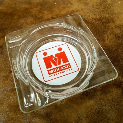 Midland Cooperatives Gas And Oil Advertising Glass Ashtray Glencoe, MN Vintage 