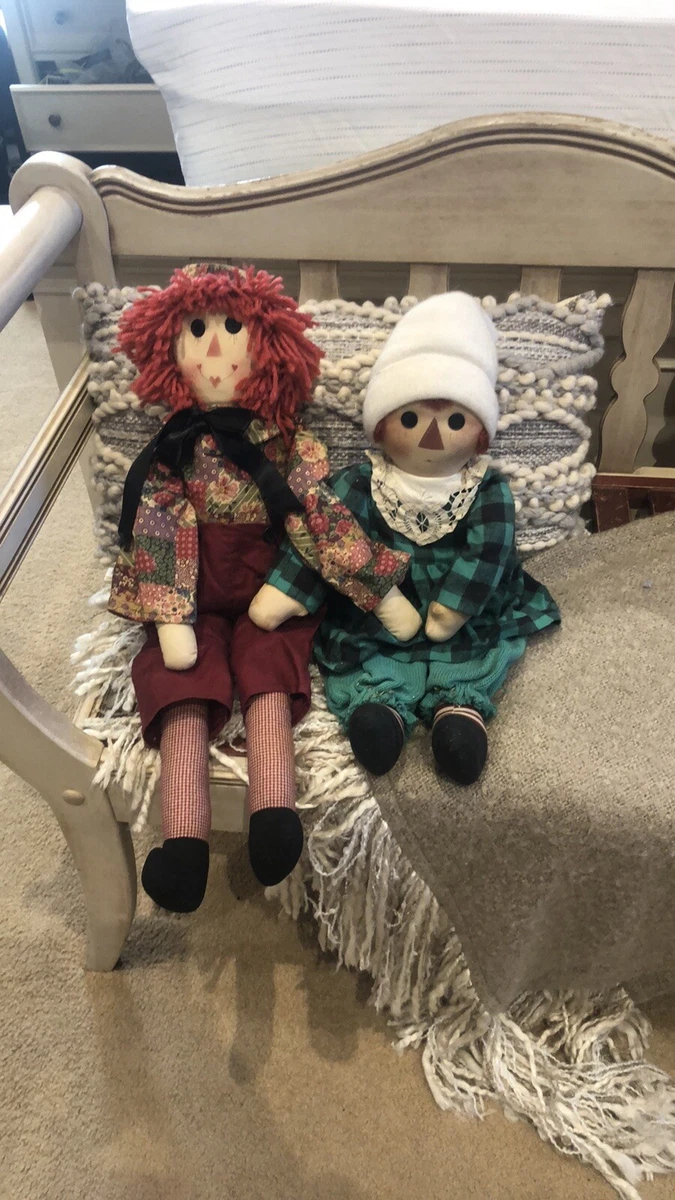Raggedy Ann Andy Vintage Fabric Patchwork Knit Handmade Rag Dolls Set Country