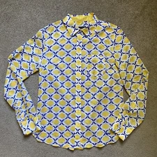 Womens Talbots Size 2 Yellow & Blue Geometric Long Sleeve Button Up Blouse