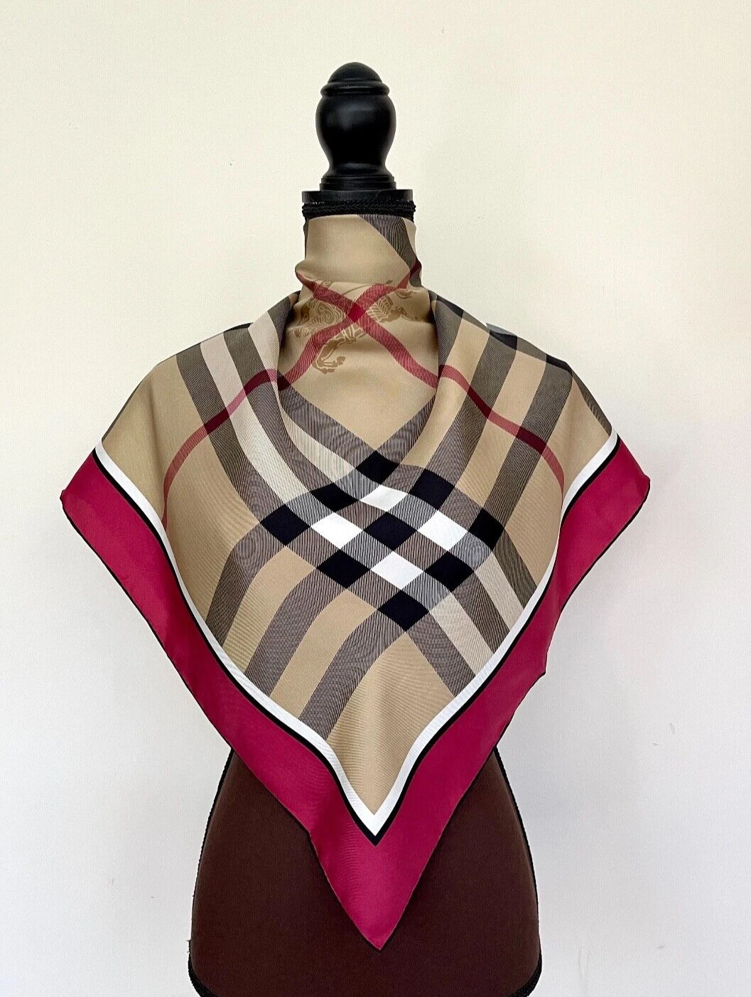 Unisex Burberry Scarf NWT Check Equestrian Knight Burgundy Red Border Silk Wrap