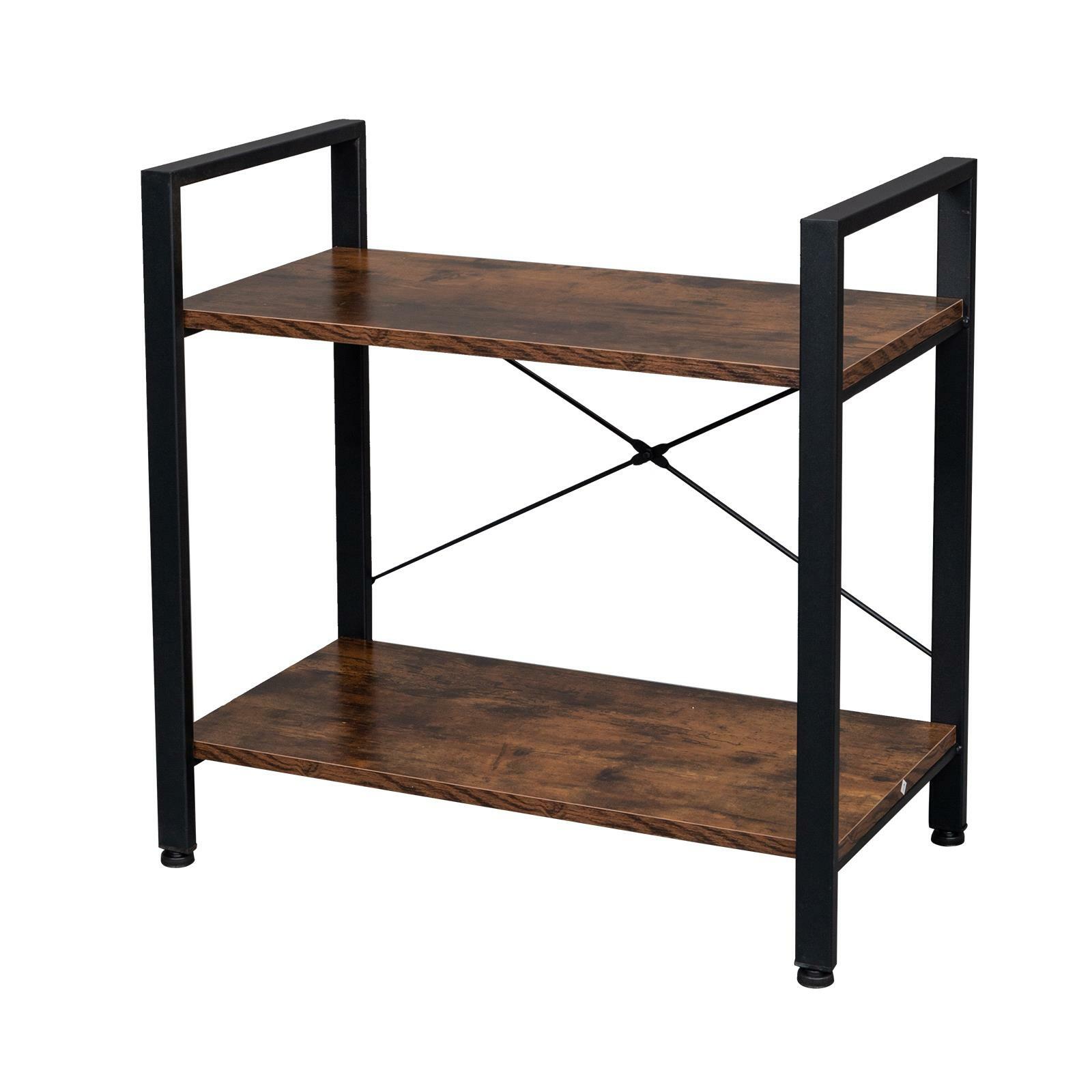 2 Tier Short Small Shelf Wood and Metal Bookcase Industrial Rustic Shelving Unit