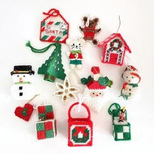 13 Handmade Needlepoint Ornament Plastic Canvas Christmas Vintage 80s 90s