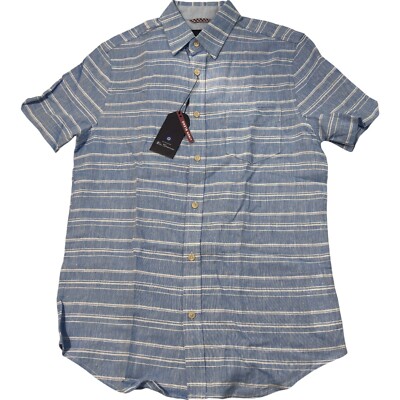 Ben Sherman Camp Shirt Mens S Blue Striped Linen Blend Short Sleeve Button Down