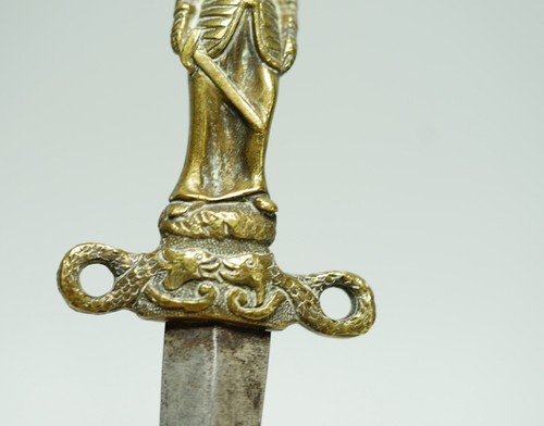 19c. French Romantic Dagger Knife Cast Bronze Woman Knight Sword Serpents Snakes - Picture 12 of 15