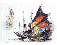 1982 Wilson Ship Impasto Painting Nautical Asian Sailboat Retro Small Art Canvas